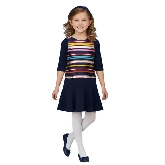 Lands' End Other - Lands' End Girls Navy Blue Multicolor Brocade Ribbon Stripe Dress‎ Size L (6X-7)